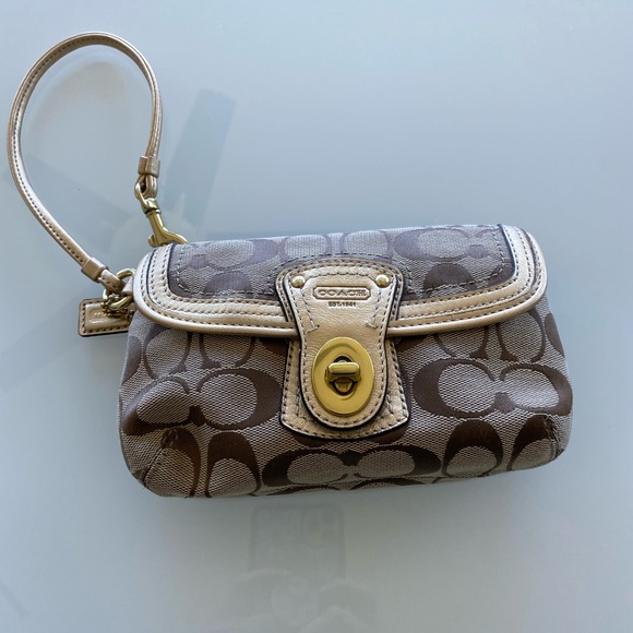Coach Handbags - Coach Brown Logo Wristlet with Gold Leather Trim/Strap and Brass Hardware